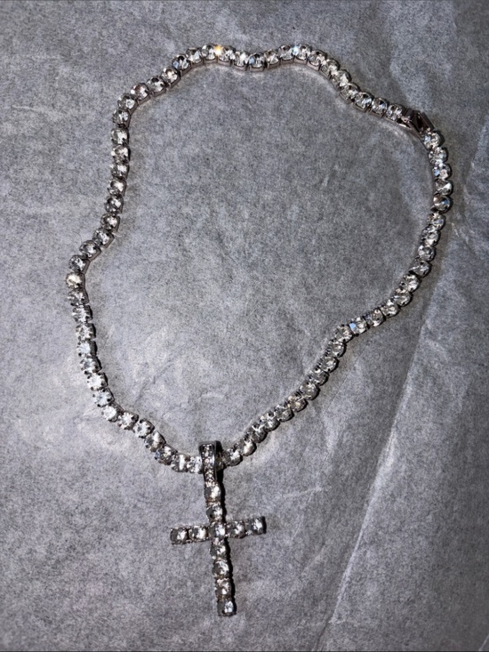 Crystal Cross Pendant Tennis Necklace - Silver Tone - Picture 3 of 7